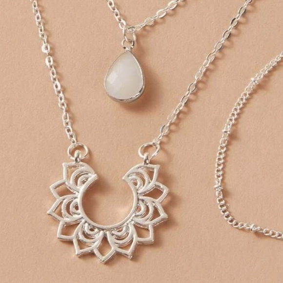 NEW Silver 2 pc Layered Lotus Water Drop Necklace - Picture 5 of 8